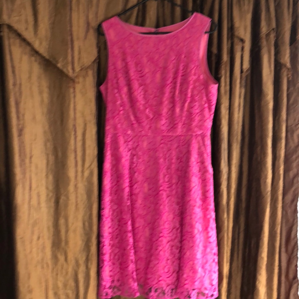 Fuchsia, lined lace dress with pockets